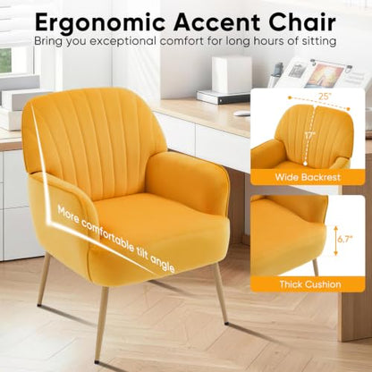 Velvet Accent Chair, Mid Century Modern Accent Chairs for Living Room, Comfy Upholstered Armchair with Metal Legs for Bedroom/Apartment/Office/Waiting Room, Yellow