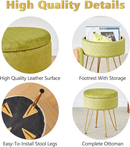 Velvet Storage Ottoman Round Footrest Stool Multifunctional Upholstered Ottoman Modern Accent Vanity Stools Tray Top Coffee Table Suitable for Living Room Bedroom Entryway Macha Green