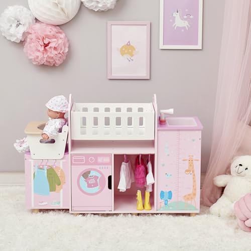 Olivia's Little World Amanda 6-in-1 Wooden Doll Nursery Station, Pink/Multi | Rocking Cradle, High Chair, Storage, Washing Machine and Sink, For 3 yrs and up