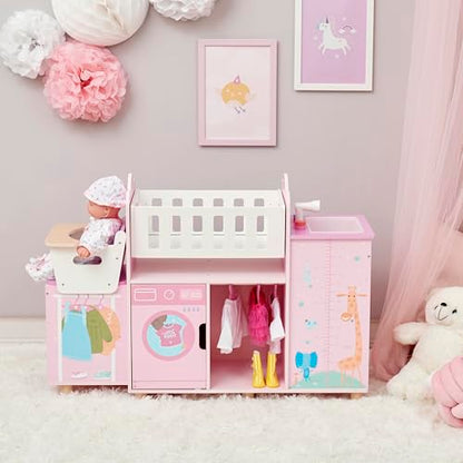 Olivia's Little World Amanda 6-in-1 Wooden Doll Nursery Station, Pink/Multi | Rocking Cradle, High Chair, Storage, Washing Machine and Sink, For 3 yrs and up