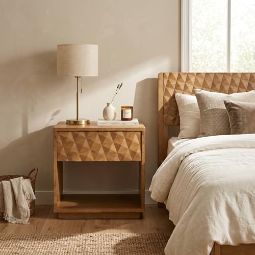 Teak look solid wood nightstand with carved drawer front, view 2