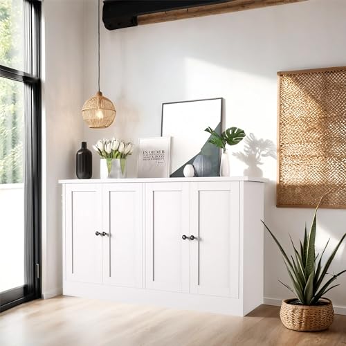 White Buffet Cabinet with Storage, 49" Modern Kitchen Sideboard with 4 Doors & Adjustable Shelves, Wood Coffee Bar Cabinet Console Table for Dining Room, Living Room, Entryway