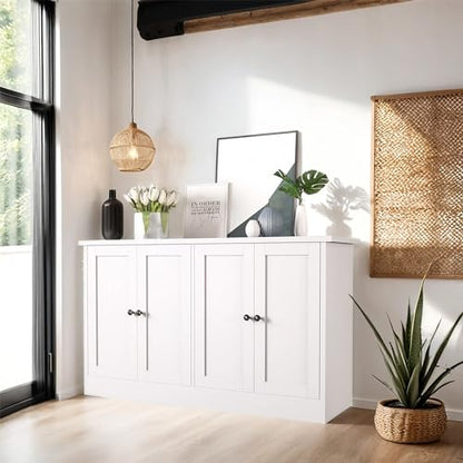 White Buffet Cabinet with Storage, 49" Modern Kitchen Sideboard with 4 Doors & Adjustable Shelves, Wood Coffee Bar Cabinet Console Table for Dining Room, Living Room, Entryway