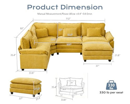 112" Oversized Modular Sectional Sofa U-Shaped Corner Cloud Couch with Ottoman, Convertible Deep Seat Chenille Couch for Living Room, Spacious Space (Yellow, 4 Seater)