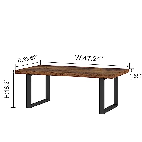 Rustic Living Room Table, Simple Industrial Rectangle Coffee Table, Modern Minimalist Farmhouse Wooden Center Table, Wood and Metal Vintage Coffee Table for Bedroom Office, Rustic Brown, 47 Inch