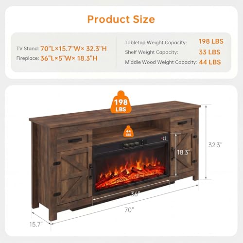 Fireplace TV Stand, 70" Farmhouse TV Stand with Barn Door for 80" TVs, view 3