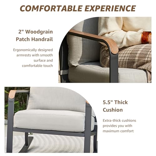 Glider Rocking Chair Bistro Set, 3 Pieces Outdoor Patio Furniture Conversation Set with 2 Rocker Chairs, 1 Table and Thick Cushions for Backyard, Porch, Balcony, 350lbs, Grey.