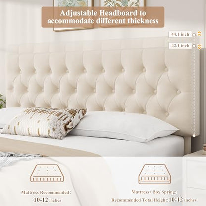 Modern Queen Size Upholstered Bed Frame with 4 Storage Drawers, Button Tufted Headboard Design, Solid Wooden Slat Support, Easy Assembly, Soft Velvet, Beige