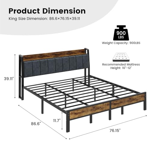 King Bed Frame with Storage Headboard and Charging Station, view 3