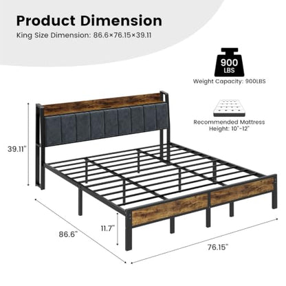 King Bed Frame with Storage Headboard and Charging Station, view 3