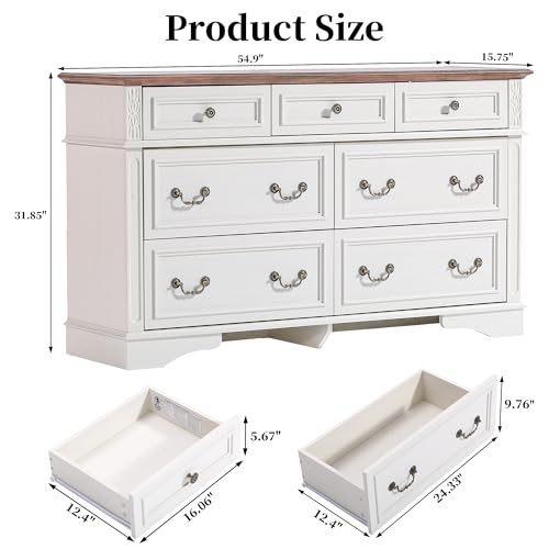 Farmhouse Dresser and Nightstand Sets, 6-Drawer with 7 Drawer Dresser & 3 Drawer Nightstand Sets, 4 Pieces Rustic Wood Bedroom Furniture Set for Home, Bedroom, Hallway(White)
