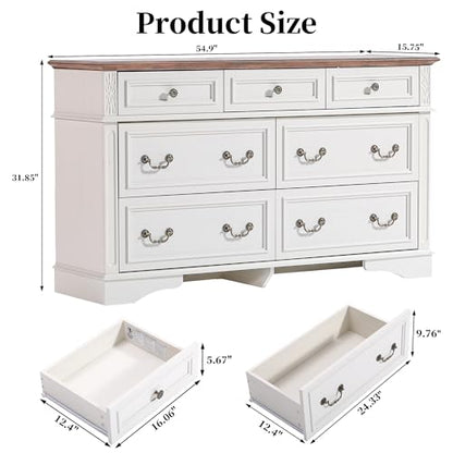 Farmhouse Dresser and Nightstand Sets, 6-Drawer with 7 Drawer Dresser & 3 Drawer Nightstand Sets, 4 Pieces Rustic Wood Bedroom Furniture Set for Home, Bedroom, Hallway(White)