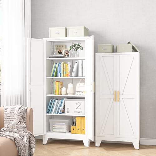 61H Metal Storage Cabinet with 2 Doors and Adjustable Shelves,Farmhouse Storage Cabinet with Barn Doors,Pantry Storage for Home,Office,Bathroom,Dining Room,Kitchen(White)