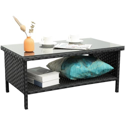Outdoor Wicker Coffee Table Patio Furniture Garden Rattan 2-Layer Glass Table with Storage and Furniture Cover, Black