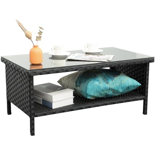 Black two-layer wicker outdoor coffee table with glass top and storage, view 2