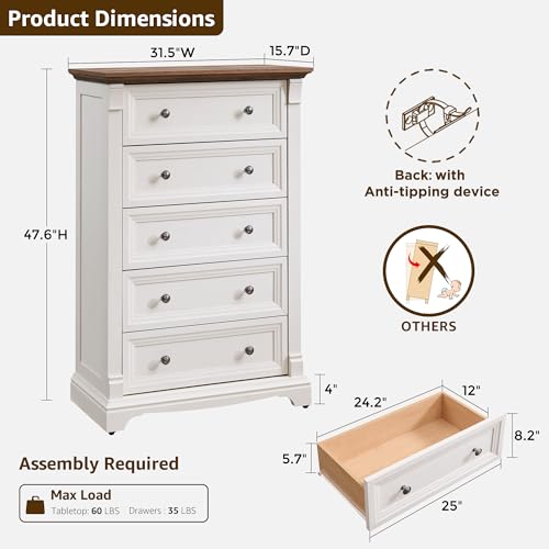 Farmhouse 5 Tall Drawers Dresser for Bedroom, 47" H Wooden Chests, view 3