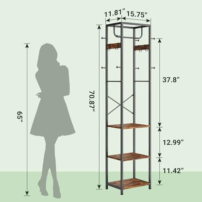 Coat Rack Freestanding, Hall Tree with 3 Shelves and 12 Hooks, Rustic Brown, view 4