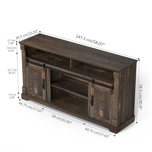 Farmhouse TV Stand for 65+ Inch TV, 31" Tall Entertainment Center with Adjustable Shelf, Rustic Media Console with Sliding Barn Door, Wood Television Stand for Living Room, Dark Rustic Oak
