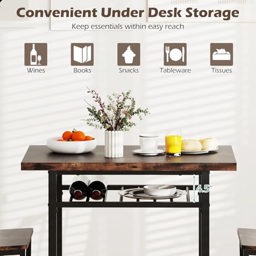 3-Piece Dining Table Set, Rectangular Kitchen Table with Storage Rack and 2 Dining Chairs, Heavy-Duty Metal Frame, Space-Saving Dinette Set for Breakfast Nook, Apartment (Brown + Black)