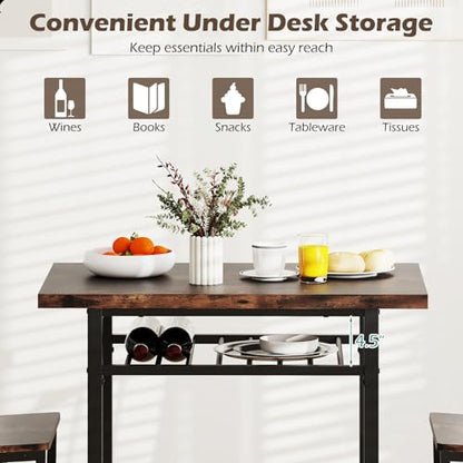 3-Piece Dining Table Set, Rectangular Kitchen Table with Storage Rack and 2 Dining Chairs, Heavy-Duty Metal Frame, Space-Saving Dinette Set for Breakfast Nook, Apartment (Brown + Black)