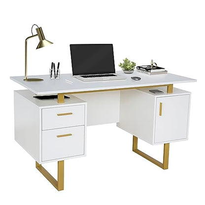 Storage Drawers and Cabinet 51.25” W-Modern Office Large Floating Desktop Surface Desk, 23.6" D x 51.2" W x 29.8" H, White/Gold
