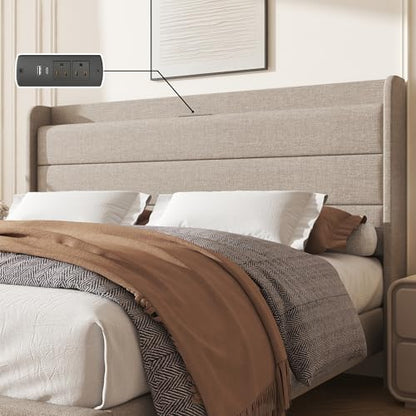 Queen Linen Multifunctional Bed with Charging Station & Storage Headboard, view 7