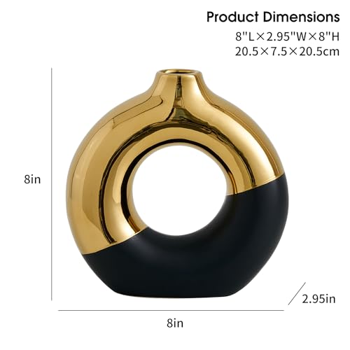Ceramic Donut Vase, 8" L x 8" H Black and Gold Round Vase for Pampas Grass, Nordic Modern Vases for Decor, Ceramic Vase Centerpieces for Wedding, Bedroom, Living Room, Coffee Table, Office