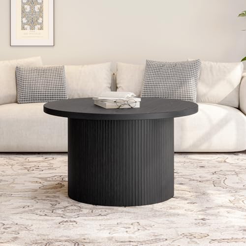 31.5" Round Coffee Table, Tambour Design Coffee Tables for Living Room, Mid Century Modern Wood Coffee Table, Drum Accent Small Center Table, Black