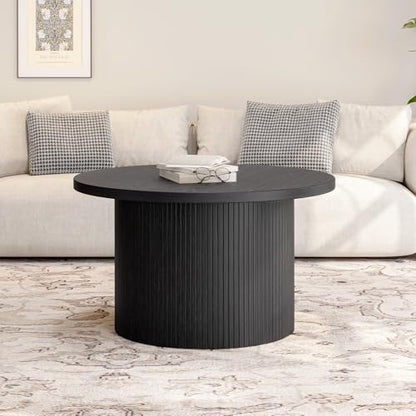 31.5" Round Coffee Table, Tambour Design Coffee Tables for Living Room, Mid Century Modern Wood Coffee Table, Drum Accent Small Center Table, Black