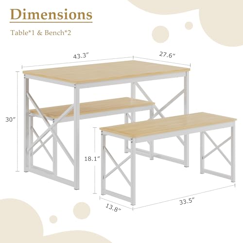 Kitchen Dining Table Benches Set for 4, 43.3" Wooden Dinette with 2 Benches, Heavy-Duty Dining Room Table for Small Space, Breakfast Nook, Natural Oak