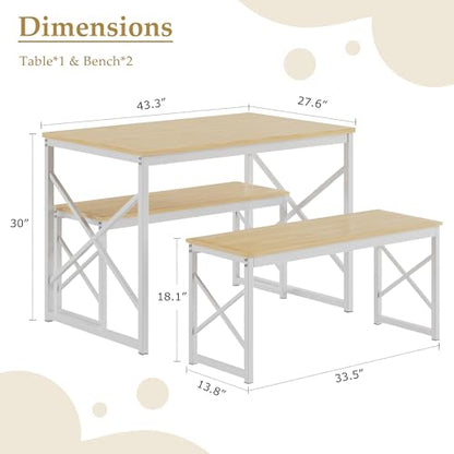 Kitchen Dining Table Benches Set for 4, 43.3" Wooden Dinette with 2 Benches, Heavy-Duty Dining Room Table for Small Space, Breakfast Nook, Natural Oak