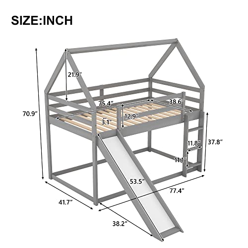 Twin Over Twin Low House Bunk Bed Frame with Slide, Gray | Wood twin over twin, roof, guardrail and ladder, for kids boys girls, wood slat support, safety guardrails and ladder