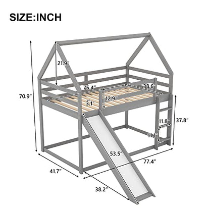 Twin Over Twin Low House Bunk Bed Frame with Slide, Gray | Wood twin over twin, roof, guardrail and ladder, for kids boys girls, wood slat support, safety guardrails and ladder