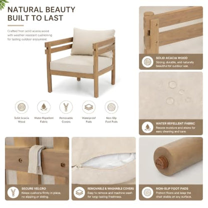 Idda Acacia Wood Lounge Chair Outdoor with Removable Cushion, Solid Wood Patio Accent Chair with Cushion, Patio Furniture Set Sofa Chair, Beige+Light Brown