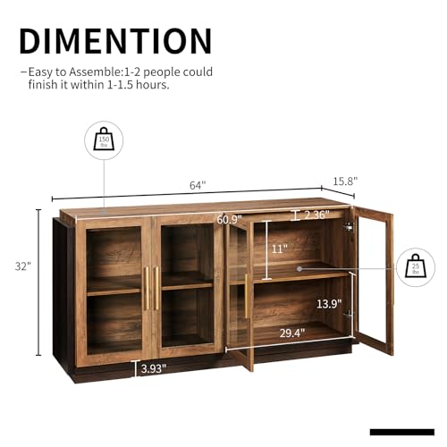 64" Sideboard Buffet Cabinet with Glass Doors & LED Lights, Brown, view 3