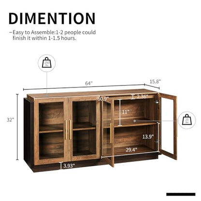64" Sideboard Buffet Cabinet with Glass Doors & LED Lights, Brown, view 3