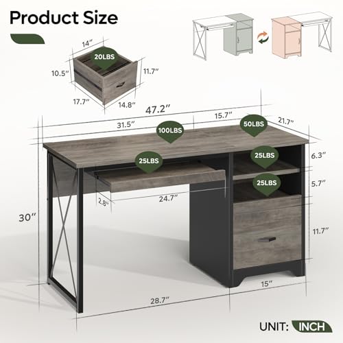47 Inch Industrial Computer Desk with Drawers, view 4