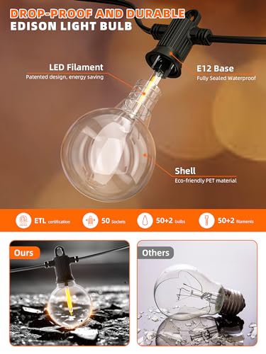 100FT Solar Outdoor String Lights, USB Charging & Solar Powered, IP65 Waterproof Shatterproof Edison Hanging LED Lights for Patio Garden Porch Fence Camping Party