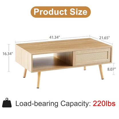 Rattan Coffee Table with Storage, Mid Century Modern Nature Wood | 41.3" Coffee Tables for Living Room, Wooden Coffee Table with Rectangle Top, Sliding Rattan Door, Solid Wood Legs