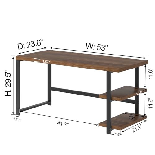Modern Computer Desk, Wood Home Office Desk, Study Writing Gaming Table Workstation with Storage Shelves for Living Room Bedroom, Rustic Walnut, 53 Inch
