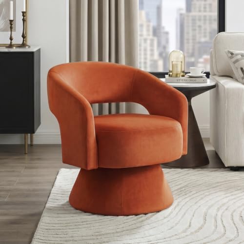 360 Degree Swivel Accent Chair, Modern Comfy Velvet Round Barrel Chair, Open Back, Plush Foam Cushions, Metal Swivel Base for Living Room/Bedroom/Office/Small Spaces, Orange
