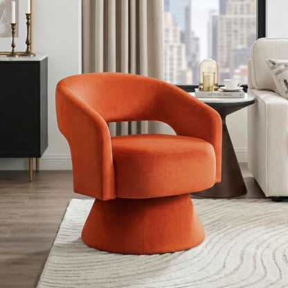 360 Degree Swivel Accent Chair, Modern Comfy Velvet Round Barrel Chair, Open Back, Plush Foam Cushions, Metal Swivel Base for Living Room/Bedroom/Office/Small Spaces, Orange