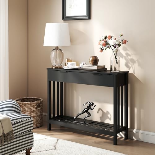 Black Narrow Console Table with Drawer Storage Shelf, Modern Wooden Entryway Sofa Table, 39 Inch Slim Behind Couch Table, Side Display Console Table for Living Room,Office,Black