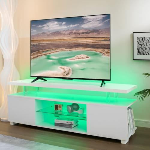 LED TV Stand White Entertainment Center, Gaming Center for 60 65 70inch TV, TV Console with Storage, TV Stands for Gaming Living Room, Bedroom and Playroom
