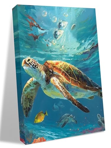 NuYeBiofx Summer Underwater Sea Turtle Canvas Wall Art Prints,40"x28" Framed Picture Artwork Coastal Ocean Creature Printed Canvas Oil Painting for Living Room Bedroom Office,Ready to Hang