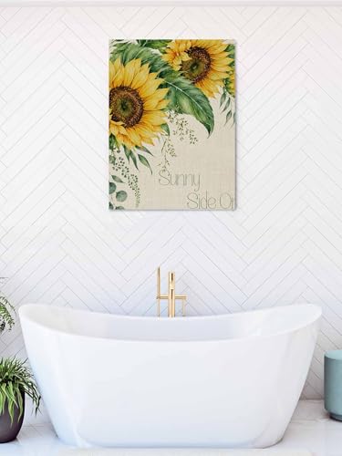 NuYeBiofx Watercolor Sunflower on Linen Canvas Wall Art Prints,48"x32" Framed Picture Artwork Rustic Floral Eucalyptus Leaves Printed Canvas Oil Painting for Living Room Bedroom Office,Ready to Hang
