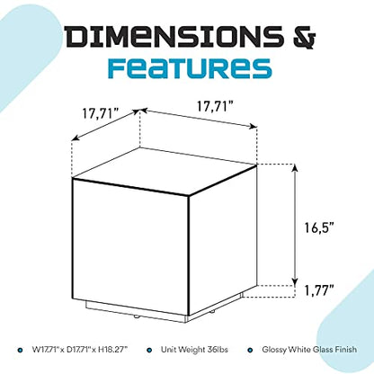 Premium Tempered Glass Side Table - Luxury Nightstand & Bedside Table for Bedroom or Living Room - High Gloss End Table in White Finish - Sleek Cube Design with Fingerprint Resistant Glass