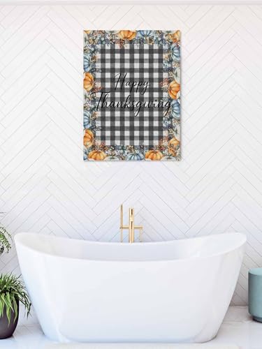 NuYeBiofx Happy Thanksgiving Fall Pumpkins Canvas Wall Art Prints,30"x20" Framed Picture Artwork Black White Check Printed Canvas Oil Painting for Living Room Bedroom Office,Ready to Hang