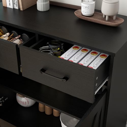Sideboard 2 Drawers 2 Doors Entryway Storage Cabinet Living Room Organizer Farmhouse Style Wooden Kitchen Cupboard (Black)