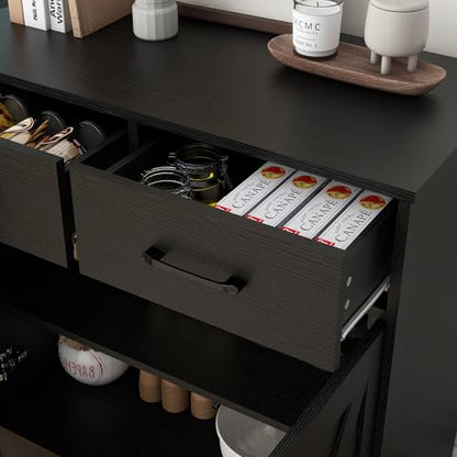 Sideboard 2 Drawers 2 Doors Entryway Storage Cabinet Living Room Organizer Farmhouse Style Wooden Kitchen Cupboard (Black)